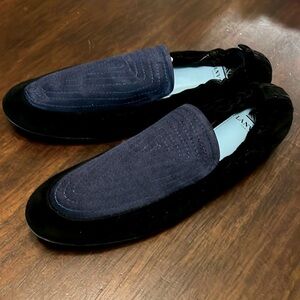 LANVIN Paris Like-New Slip-On Blk Suede Leather & Blue Satin Loafers. Sz 9.5